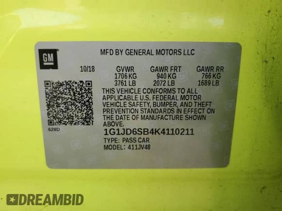 2019 Chevrolet Sonic LT z VIN 1G1JD6SB4K4110211, wystawiony jako Copart lot #69013365 z przebiegiem 91 600 mil mil oraz Szkoda całkowita • Salvage title. Historia ofert i sprzedaży dostępna na DreamBid. Obrazek 12.