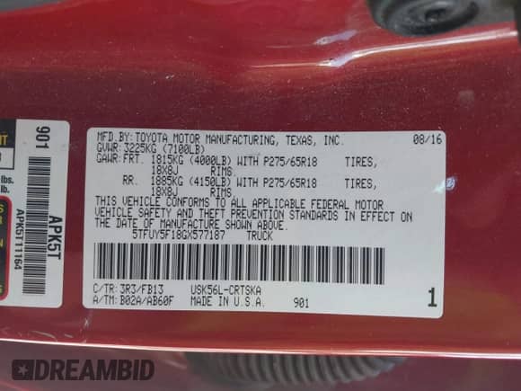 2016 Toyota Tundra SR z VIN 5TFUY5F18GX577187, wystawiony jako IAAI lot #43048514 z przebiegiem 153 302 mil mil oraz . Historia ofert i sprzedaży dostępna na DreamBid. Obrazek 9.