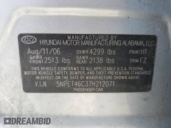 2007 Hyundai Sonata GLS z VIN 5NPET46C37H212071, wystawiony jako Copart lot #65010205 z przebiegiem 282 251 mil mil oraz Szkoda całkowita • Salvage title. Historia ofert i sprzedaży dostępna na DreamBid. Obrazek 12.