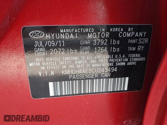 2012 Hyundai Elantra GLS with VIN KMHDH4AE8CU243494, listed as a IAAI auction lot 43344160 with 127,185 mi miles and . Bid and sale history available at DreamBid. Image 9.