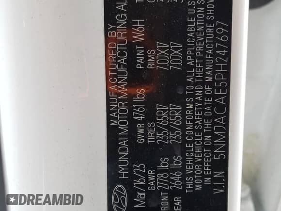 2023 Hyundai Tucson SE with VIN 5NMJACAE5PH247697, listed as a Copart auction lot 52155225 with 44,805 mi miles and Salvage title. Bid and sale history available at DreamBid. Image 13.