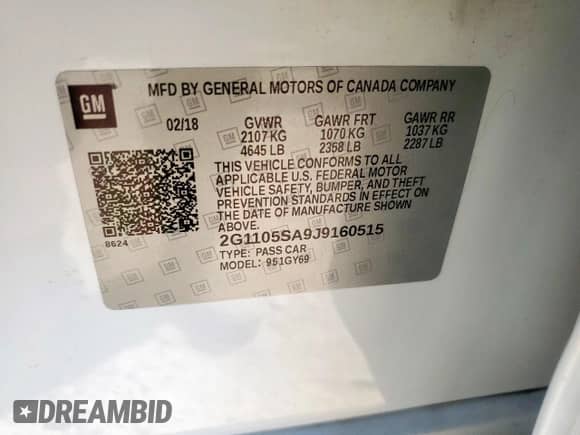 2018 Chevrolet Impala LT с VIN 2G1105SA9J9160515, выставлен на аукционе Copart как лот 80559285 с пробегом 127 424 миль миль и Списание • Salvage title. История ставок и продаж доступна на DreamBid. Изображение 13.