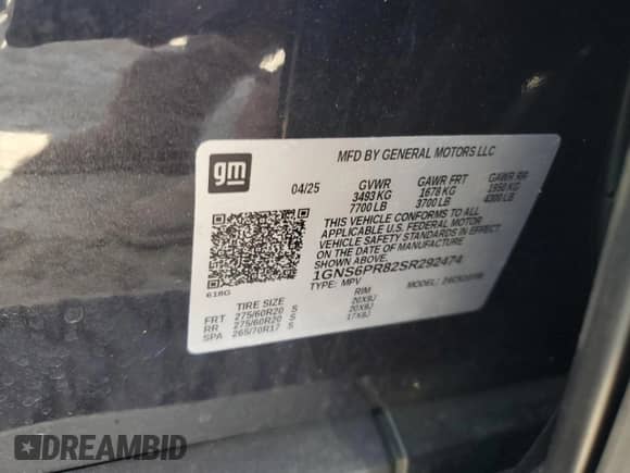 2025 CHEVROLET TAHOE K1500 Z71 с VIN 1GNS6PR82SR292474, выставлен на аукционе Copart как лот 65937655 с пробегом Не указан миль и Списание • Salvage title. История ставок и продаж доступна на DreamBid. Изображение 12.