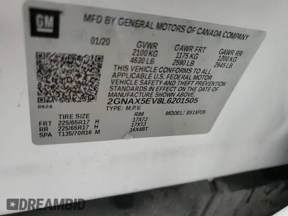 2020 Chevrolet Equinox LS с VIN 2GNAX5EV8L6201505, выставлен на аукционе Copart как лот 67898835 с пробегом 36 301 миль миль и Списание • Salvage title. История ставок и продаж доступна на DreamBid. Изображение 13.