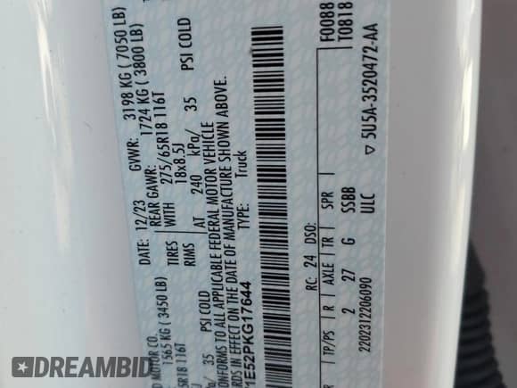 2023 Ford F-150 XL с VIN 1FTFW1E52PKG17644, выставлен на аукционе Copart как лот 57552965 с пробегом Не указан миль и На запчасти • Non repairable. История ставок и продаж доступна на DreamBid. Изображение 12.