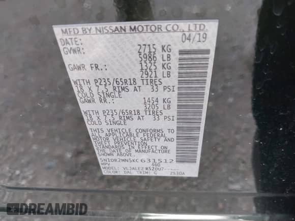 2019 Nissan Pathfinder SL with VIN 5N1DR2MN5KC631512, listed as a IAAI auction lot 40238124 with 105,743 mi miles and . Bid and sale history available at DreamBid. Image 9.