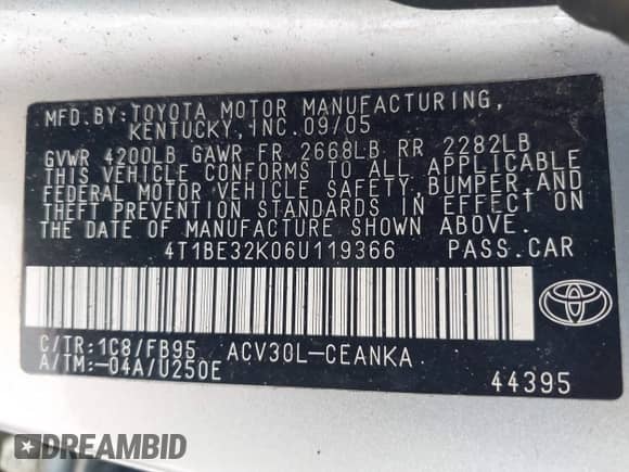 2006 Toyota Camry STD with VIN 4T1BE32K06U119366, listed as a IAAI auction lot 43326559 with 234,666 mi miles and . Bid and sale history available at DreamBid. Image 9.