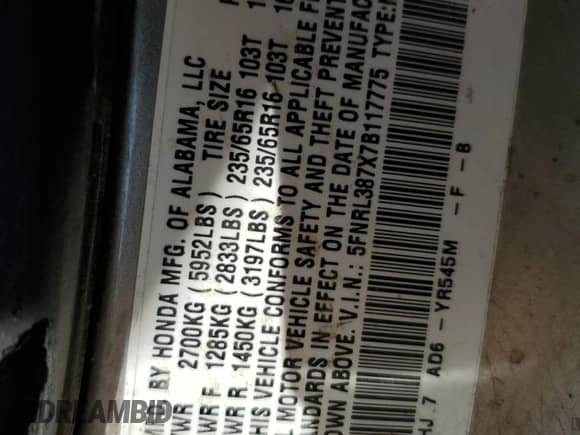 2007 Honda Odyssey EX-L с VIN 5FNRL387X7B117775, выставлен на аукционе Copart как лот 86861435 с пробегом 158 719 миль миль и Чистый • Clean title. История ставок и продаж доступна на DreamBid. Изображение 13.