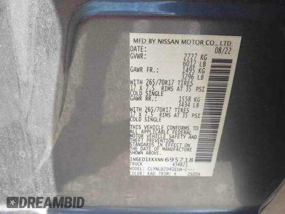 2022 Nissan Frontier SV with VIN 1N6ED1EKXNN695718, listed as a IAAI auction lot 42129238 with 43,803 mi miles and . Bid and sale history available at DreamBid. Image 9.