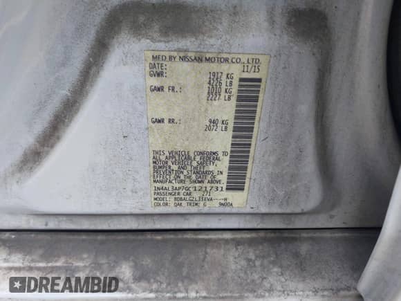 2016 Nissan Altima SR with VIN 1N4AL3AP7GC121731, listed as a IAAI auction lot 43086865 with 224,466 mi miles and . Bid and sale history available at DreamBid. Image 9.