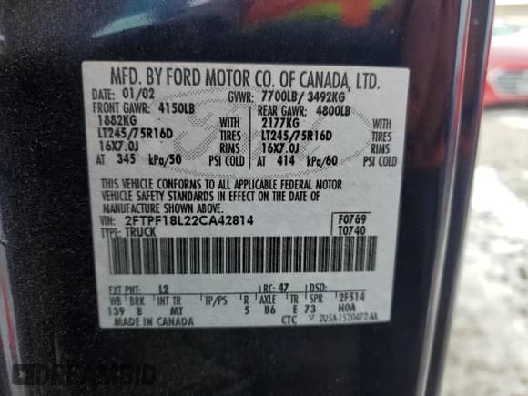 2002 Ford F-150 XL z VIN 2FTPF18L22CA42814, wystawiony jako Copart lot #45400785 z przebiegiem 53 831 mil mil oraz Szkoda całkowita • Salvage title. Historia ofert i sprzedaży dostępna na DreamBid. Obrazek 12.