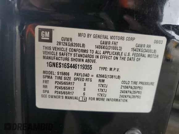 2004 Chevrolet TrailBlazer EXT LS z VIN 1GNES16S446119355, wystawiony jako Copart lot #89878485 z przebiegiem 168 625 mil mil oraz Szkoda całkowita • Salvage title. Historia ofert i sprzedaży dostępna na DreamBid. Obrazek 14.