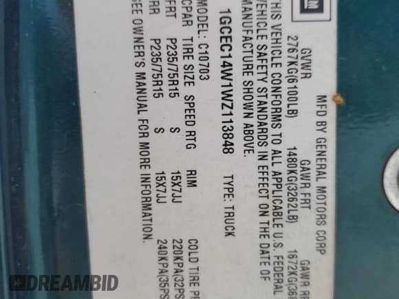 1998 Chevrolet Silverado 1500 with VIN 1GCEC14W1WZ113848, listed as a Copart auction lot 52351665 with 191,802 mi miles and Salvage title. Bid and sale history available at DreamBid. Image 12.