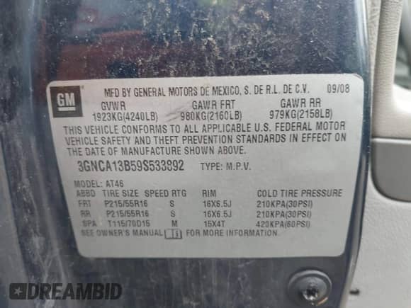 2009 Chevrolet HHR LS с VIN 3GNCA13B59S533892, выставлен на аукционе IAAI как лот 42423200 с пробегом 242 232 миль миль и . История ставок и продаж доступна на DreamBid. Изображение 9.
