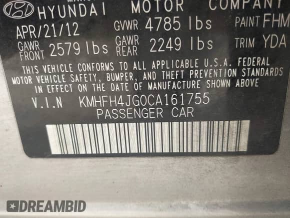 2012 Hyundai Azera с VIN KMHFH4JG0CA161755, выставлен на аукционе IAAI как лот 42092043 с пробегом 184 673 миль миль и . История ставок и продаж доступна на DreamBid. Изображение 9.
