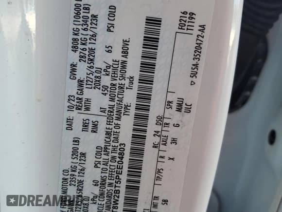 2023 Ford F-250 XL with VIN 1FT8W2BT5PEE04803, listed as a Copart auction lot 85335595 with Not provided miles and Non repairable. Bid and sale history available at DreamBid. Image 12.