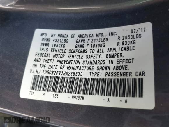 2017 Honda Accord EX-L с VIN 1HGCR2F97HA269530, выставлен на аукционе IAAI как лот 43379089 с пробегом 87 249 миль миль и . История ставок и продаж доступна на DreamBid. Изображение 9.