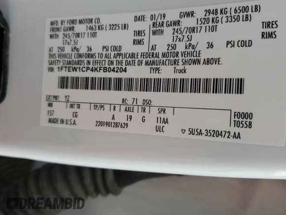 2019 Ford F-150 XL z VIN 1FTEW1CP4KFB04204, wystawiony jako Copart lot #85060815 z przebiegiem 115 663 mil mil oraz Czysty tytuł • Clean title. Historia ofert i sprzedaży dostępna na DreamBid. Obrazek 12.