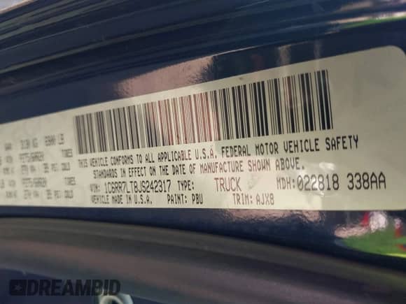 2018 Ram 1500 Big Horn with VIN 1C6RR7LT8JS242317, listed as a IAAI auction lot 40872786 with 84,252 mi miles and . Bid and sale history available at DreamBid. Image 9.