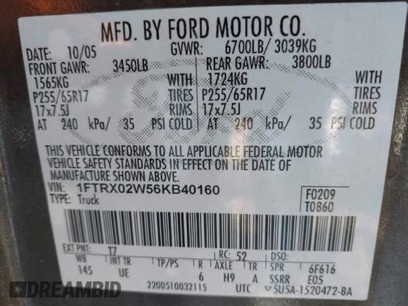 2006 Ford F-150 STX with VIN 1FTRX02W56KB40160, listed as a IAAI auction lot 41992886 with 107,910 mi miles and . Bid and sale history available at DreamBid. Image 9.