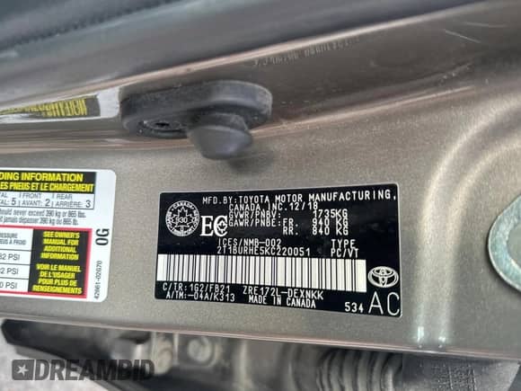 2019 Toyota Corolla L with VIN 2T1BURHE5KC220051, listed as a Copart auction lot 61879415 with 196,200 mi miles and Clean title. Bid and sale history available at DreamBid. Image 10.