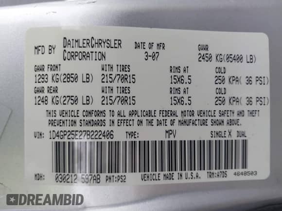 2007 Dodge Caravan SE with VIN 1D4GP25E27B222406, listed as a IAAI auction lot 43399101 with 133,471 mi miles and . Bid and sale history available at DreamBid. Image 9.