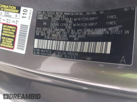 2020 Toyota Sienna LE with VIN 5TDKZ3DC6LS030934, listed as a IAAI auction lot 43066835 with 173,707 mi miles and . Bid and sale history available at DreamBid. Image 9.