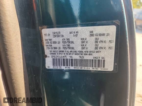 1997 Dodge 1500 z VIN 1B7HC13Y1VJ610475, wystawiony jako Copart lot #80902275 z przebiegiem 261 978 mil mil oraz Szkoda całkowita • Salvage title. Historia ofert i sprzedaży dostępna na DreamBid. Obrazek 12.