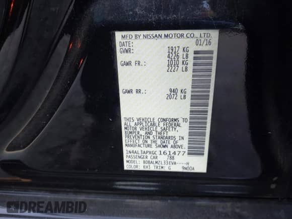 2016 Nissan Altima S with VIN 1N4AL3APXGC161477, listed as a IAAI auction lot 43474034 with 142,658 mi miles and . Bid and sale history available at DreamBid. Image 9.