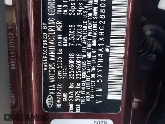 2017 Kia Sorento EX with VIN 5XYPH4A1XHG288007, listed as a Copart auction lot 81861475 with 109,182 mi miles and Clean title. Bid and sale history available at DreamBid. Image 12.