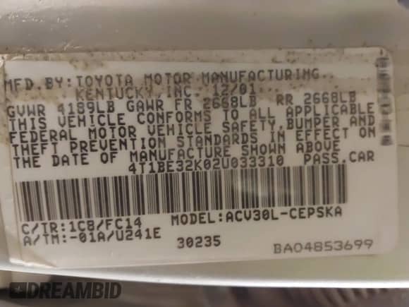 2002 Toyota Camry LE z VIN 4T1BE32K02U033310, wystawiony jako IAAI lot #42586585 z przebiegiem 154 658 mil mil oraz . Historia ofert i sprzedaży dostępna na DreamBid. Obrazek 9.