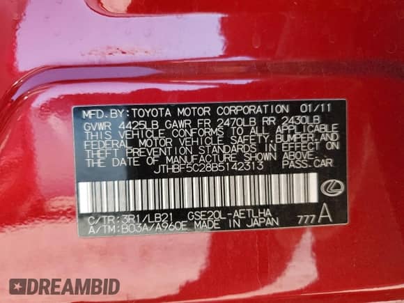 2011 Lexus IS 250 z VIN JTHBF5C28B5142313, wystawiony jako Copart lot #81610505 z przebiegiem 162 562 mil mil oraz Szkoda całkowita • Salvage title. Historia ofert i sprzedaży dostępna na DreamBid. Obrazek 12.