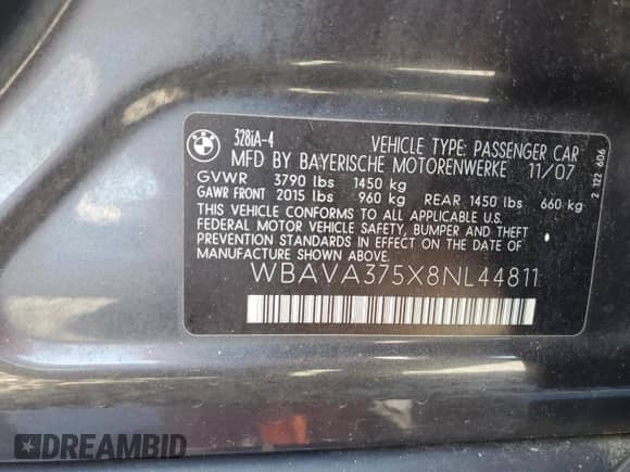 2008 BMW 3 Series 328i с VIN WBAVA375X8NL44811, выставлен на аукционе Copart как лот 81449545 с пробегом 94 538 миль миль и Чистый • Clean title. История ставок и продаж доступна на DreamBid. Изображение 12.