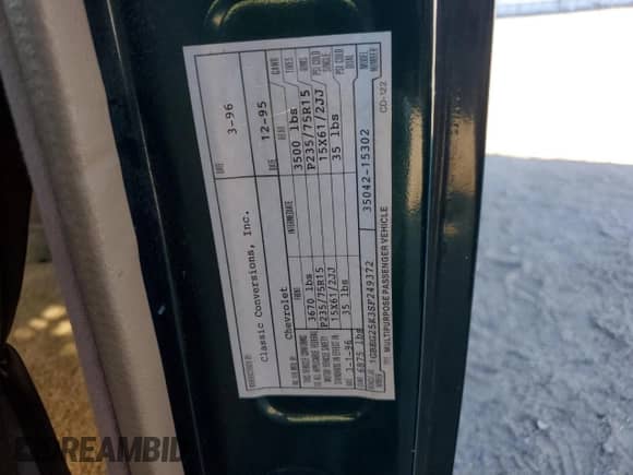 1995 Chevrolet Chevy Van с VIN 1GBEG25K3SF249372, выставлен на аукционе Copart как лот 72284224 с пробегом 72 331 миль миль и Чистый • Clean title. История ставок и продаж доступна на DreamBid. Изображение 13.