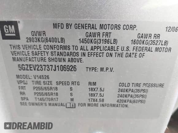 2007 Saturn Outlook XR with VIN 5GZEV23737J106926, listed as a IAAI auction lot 43315150 with 223,660 mi miles and . Bid and sale history available at DreamBid. Image 9.