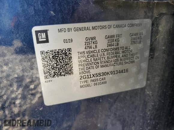 2019 Chevrolet Impala LS с VIN 2G11X5S30K9134416, выставлен на аукционе Copart как лот 46023985 с пробегом 125 517 миль миль и Списание • Salvage title. История ставок и продаж доступна на DreamBid. Изображение 12.