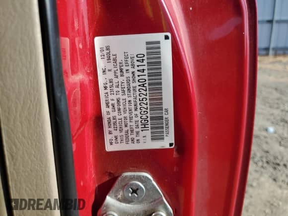 2002 Honda Accord EX с VIN 1HGCG22522A014140, выставлен на аукционе Copart как лот 67672435 с пробегом 225 548 миль миль и Чистый • Clean title. История ставок и продаж доступна на DreamBid. Изображение 12.