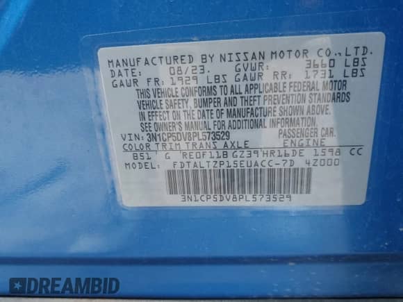 2023 Nissan Kicks SR with VIN 3N1CP5DV8PL573529, listed as a IAAI auction lot 43006952 with 18,115 mi miles and . Bid and sale history available at DreamBid. Image 9.