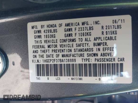 2011 Honda Accord LX с VIN 1HGCP2F37BA136999, выставлен на аукционе IAAI как лот 43495421 с пробегом 158 534 миль миль и . История ставок и продаж доступна на DreamBid. Изображение 9.