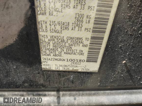 2016 Nissan Murano S with VIN 5N1AZ2MG8GN100580, listed as a IAAI auction lot 43243791 with Not provided miles and . Bid and sale history available at DreamBid. Image 9.