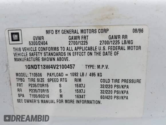 1997 Chevrolet Blazer LS with VIN 1GNDT13W4V2100457, listed as a IAAI auction lot 42380343 with 122,503 mi miles and . Bid and sale history available at DreamBid. Image 9.
