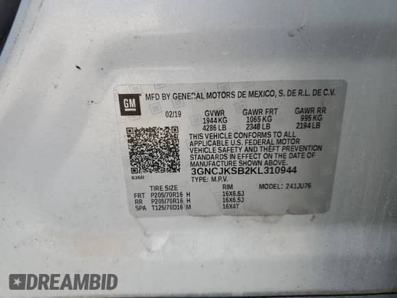 2019 Chevrolet Trax LS с VIN 3GNCJKSB2KL310944, выставлен на аукционе Copart как лот 71538495 с пробегом 89 501 миль миль и Списание • Salvage title. История ставок и продаж доступна на DreamBid. Изображение 12.
