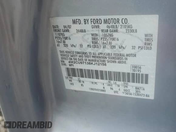 2008 Mercury Mariner Premier with VIN 4M2CU97138KJ12158, listed as a Copart auction lot 67723145 with 132,629 mi miles and Salvage title. Bid and sale history available at DreamBid. Image 13.