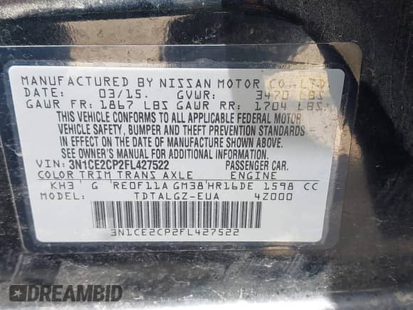 2015 Nissan Note SV with VIN 3N1CE2CP2FL427522, listed as a IAAI auction lot 42687716 with 67,832 mi miles and . Bid and sale history available at DreamBid. Image 9.