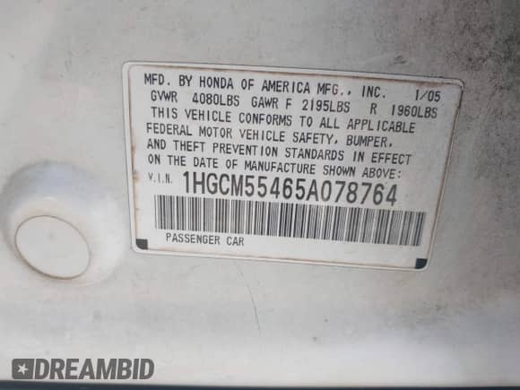 2005 Honda Accord LX с VIN 1HGCM55465A078764, выставлен на аукционе IAAI как лот 43251371 с пробегом 242 971 миль миль и . История ставок и продаж доступна на DreamBid. Изображение 9.