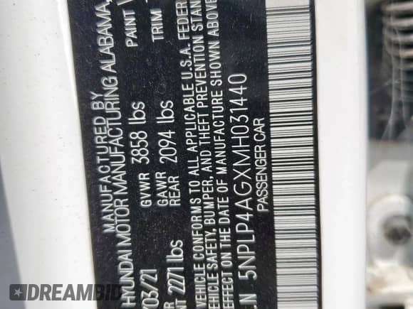 2021 Hyundai Elantra Limited с VIN 5NPLP4AGXMH031440, выставлен на аукционе Copart как лот 81503075 с пробегом 55 517 миль миль и Списание • Salvage title. История ставок и продаж доступна на DreamBid. Изображение 13.