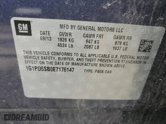 2014 Chevrolet Cruze 1LT with VIN 1G1PD5SB0E7176147, listed as a Copart auction lot 57684245 with 146,272 mi miles and Salvage title. Bid and sale history available at DreamBid. Image 12.