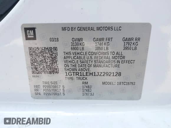 2018 GMC Sierra 1500 with VIN 1GTR1LEH1JZ292128, listed as a IAAI auction lot 41581277 with 121,563 mi miles and . Bid and sale history available at DreamBid. Image 9.