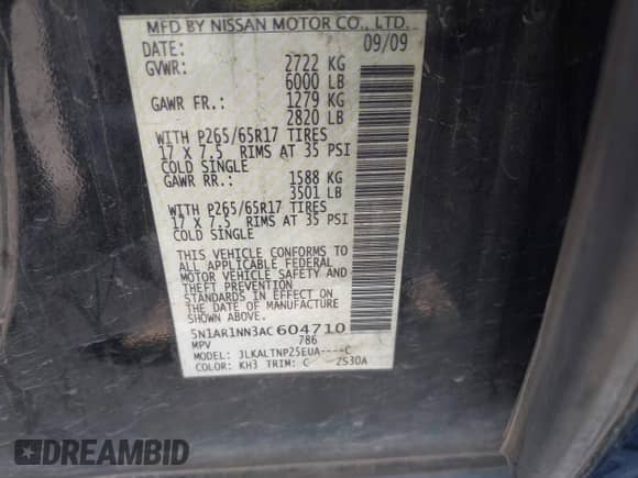 2010 Nissan Pathfinder SE с VIN 5N1AR1NN3AC604710, выставлен на аукционе IAAI как лот 43214339 с пробегом 203 317 миль миль и . История ставок и продаж доступна на DreamBid. Изображение 9.