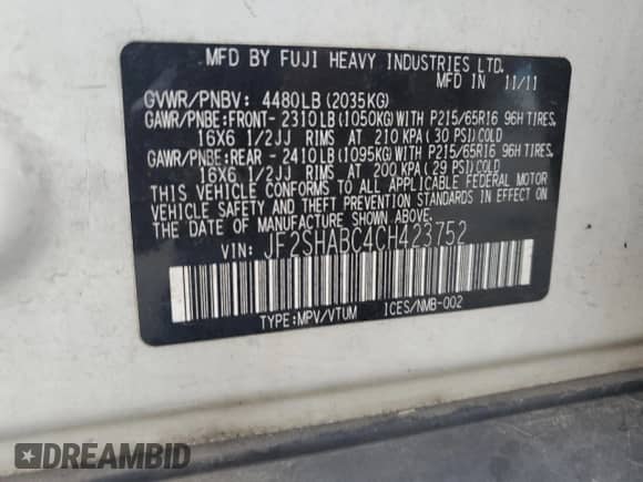 2012 Subaru Forester X z VIN JF2SHABC4CH423752, wystawiony jako Copart lot #71268595 z przebiegiem 115 184 mil mil oraz Szkoda całkowita • Salvage title. Historia ofert i sprzedaży dostępna na DreamBid. Obrazek 12.